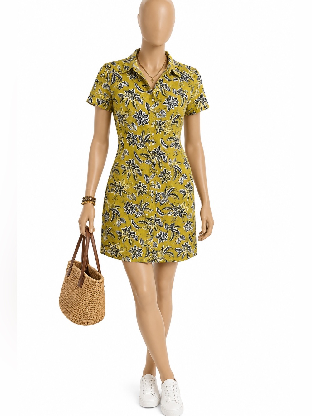 Tahari 100% Linen Tropical Floral Button Front Shirt Dress Mini Small